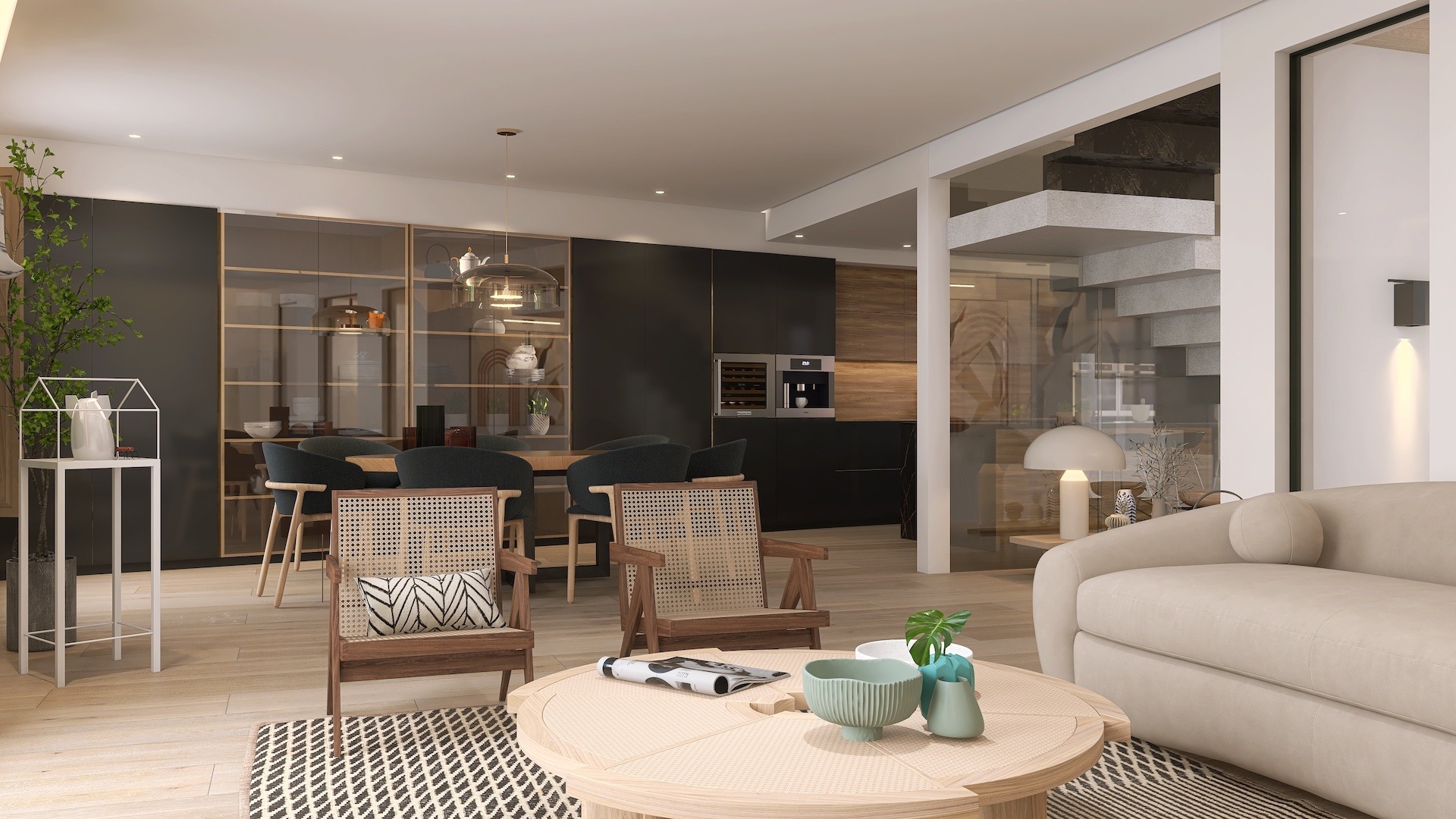 salon de concepto abierto con muebles de diseño y cocina de Santos, todo diseño de decoralinks