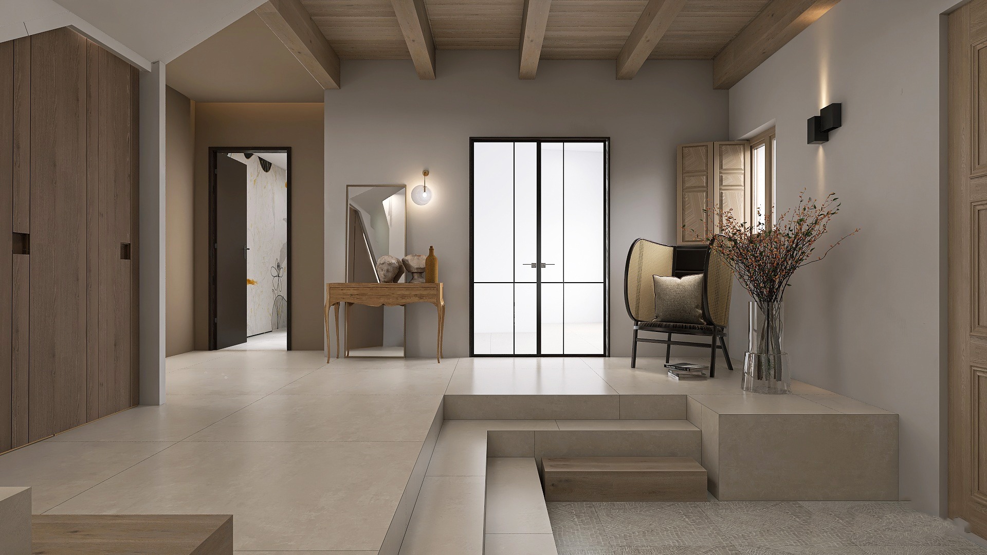 entrada a casa señorial en plasencia, reformada por decoralinks. Muestra escaleras con suelo de cemento y puertas de cristal y metal