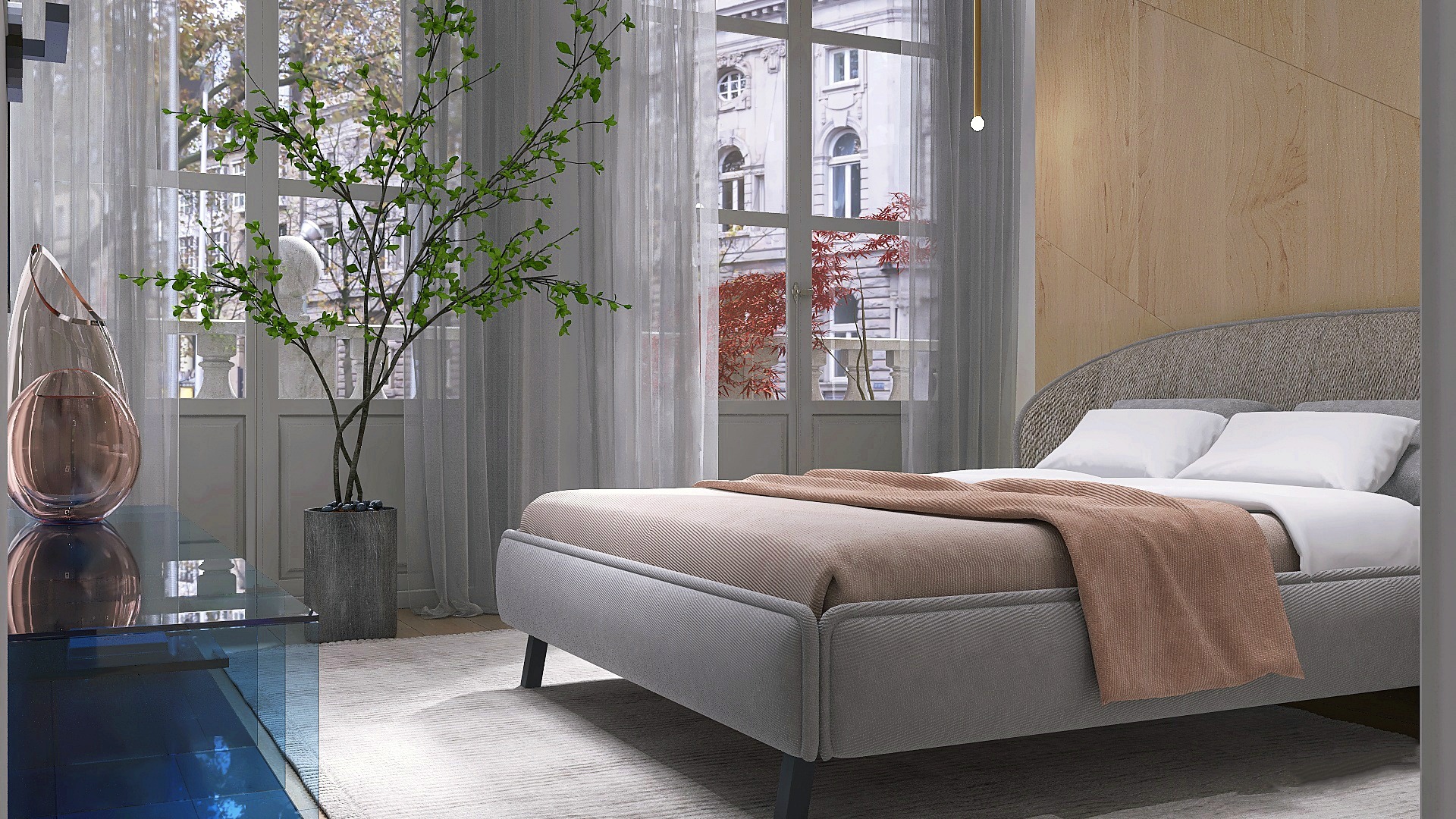dormitorio diseñado por decoralinks donde muestra cama tapizada con aparador de cristal azul y planta tipo arbol
