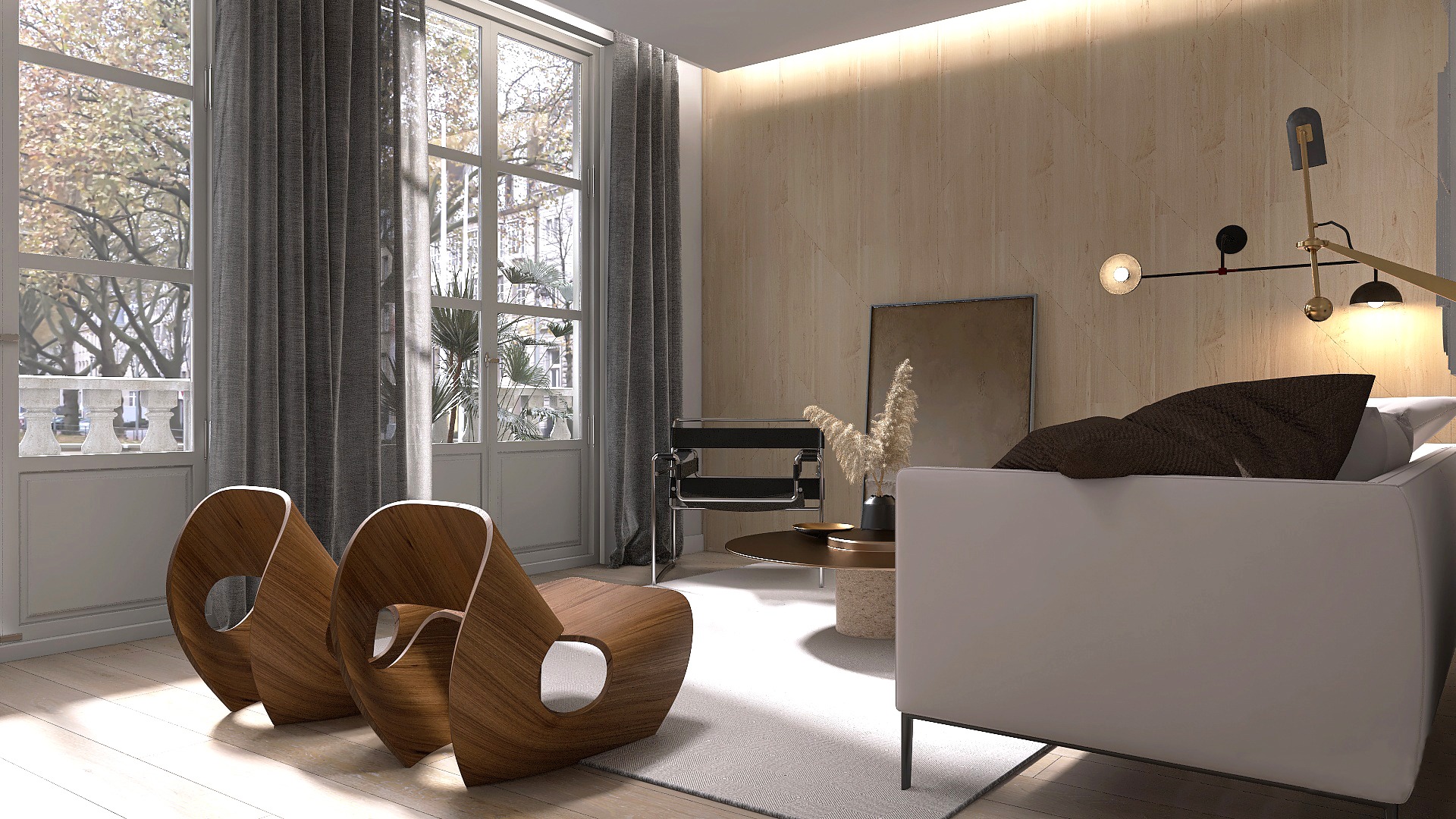 salon con sofa beige y butacas de madera, pared panelada de madera